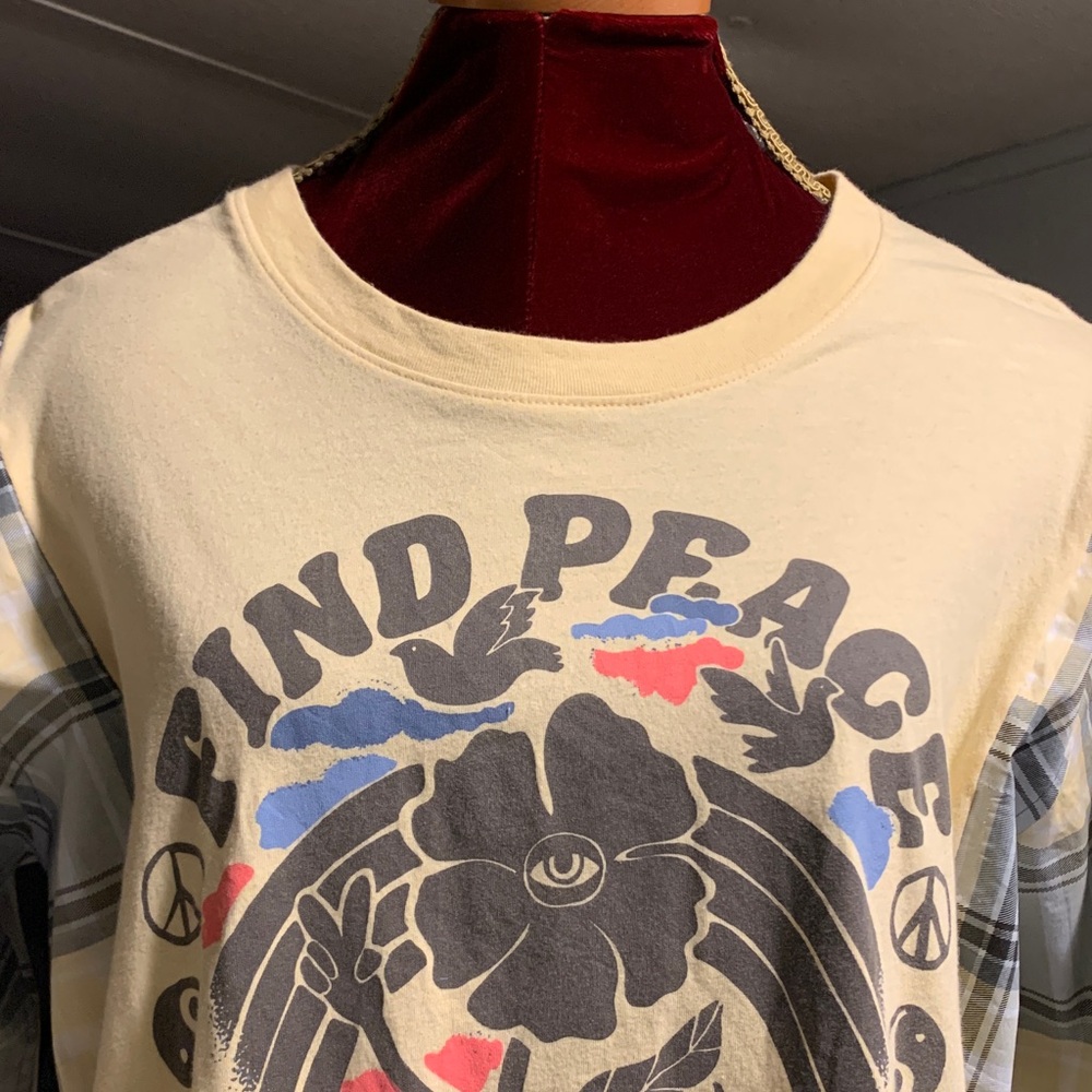 Upcycled “Find Peace Within”Yellow Graphic Tee with plaid Plaid Sleeves - Picture 3 of 7